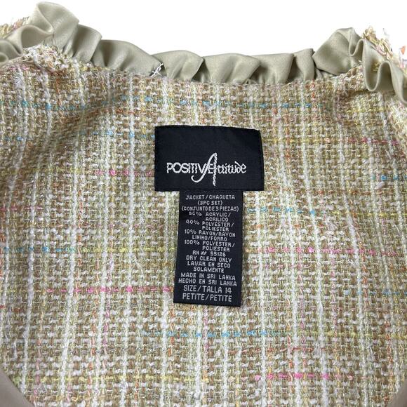 Positive Attitude Tweed 3 Pc Skirt Suit Women Petite Size 14 Light Green Classic - Picture 9 of 16